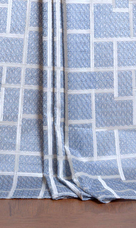'Sheer Blue' Geometric Embroidery Drapery Panels (Blue/ White)
