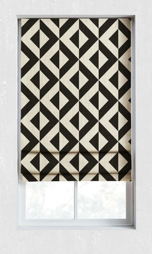 Buy Geometrical Print Roman Shades Online I Black/ Ivory I Spiffy Spools