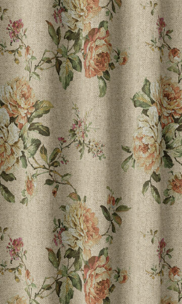 Beige Floral Custom Drapery And Roman Shades