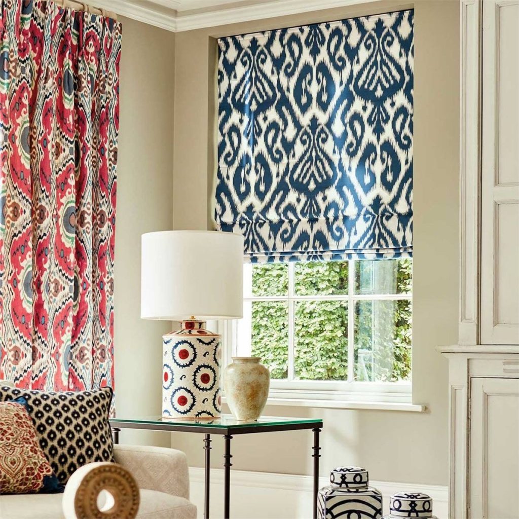 Red Ikat Curtains and Blue Ikat Roman Shades