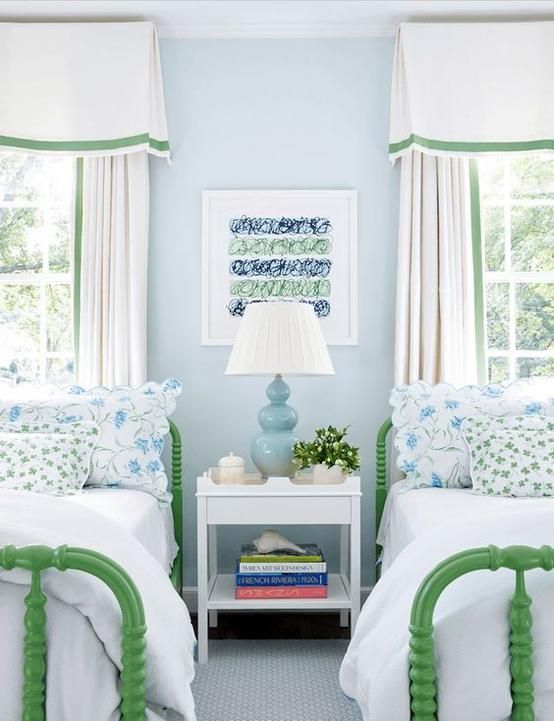 White Curtains with Green Ribbon Trim