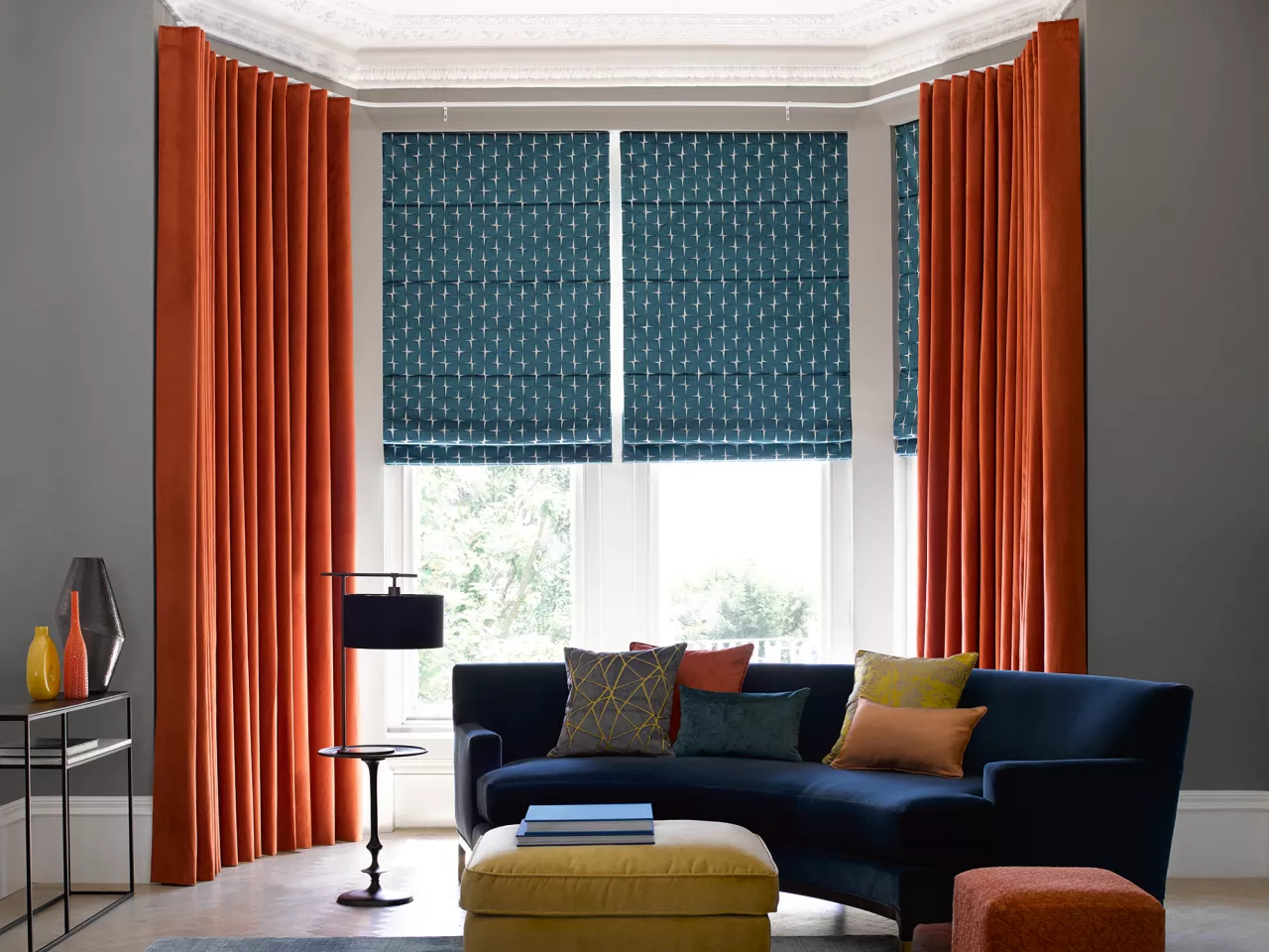 curtains with roman shades for bay windows