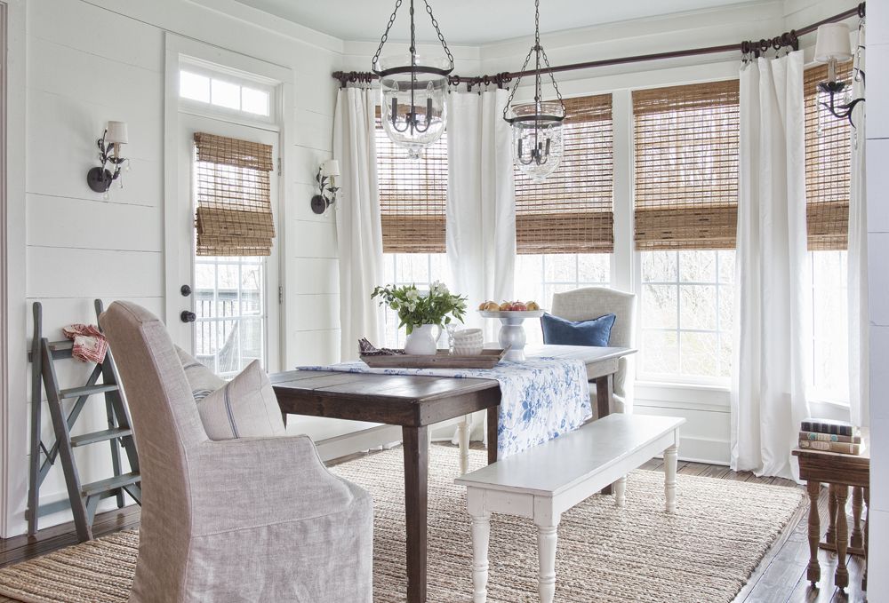 Wooden Woven Blinds with White Curtains