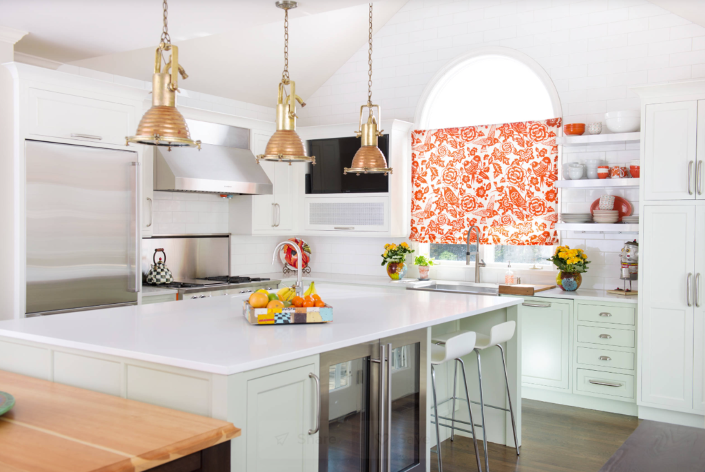 Colorful Roman Shades in White Kitchen