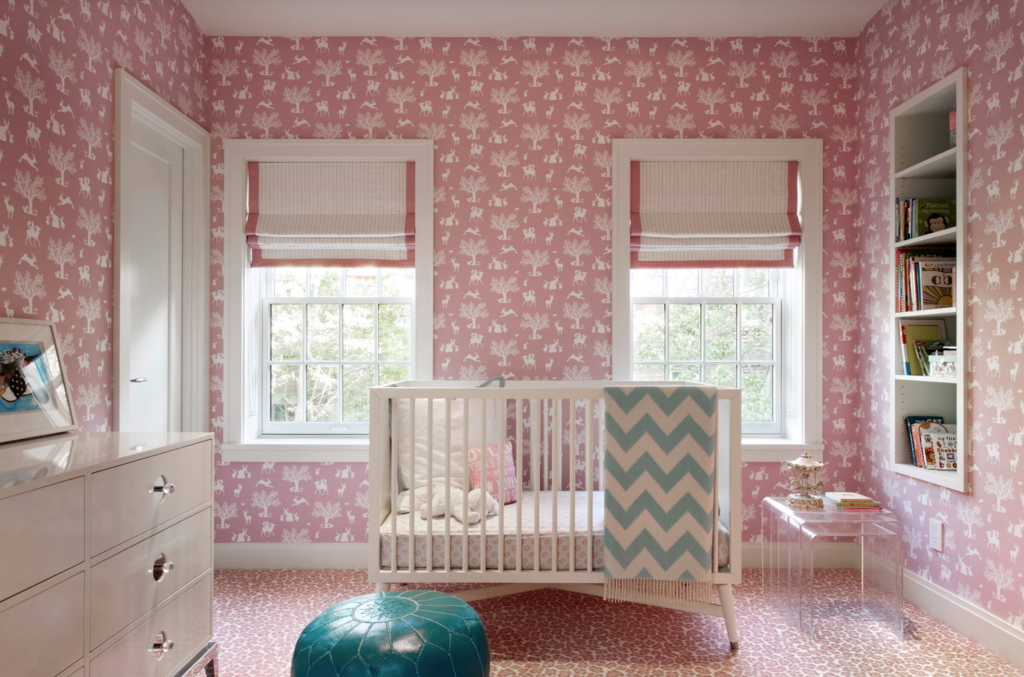 White Roman Shades with Pink Borders in Nursery
