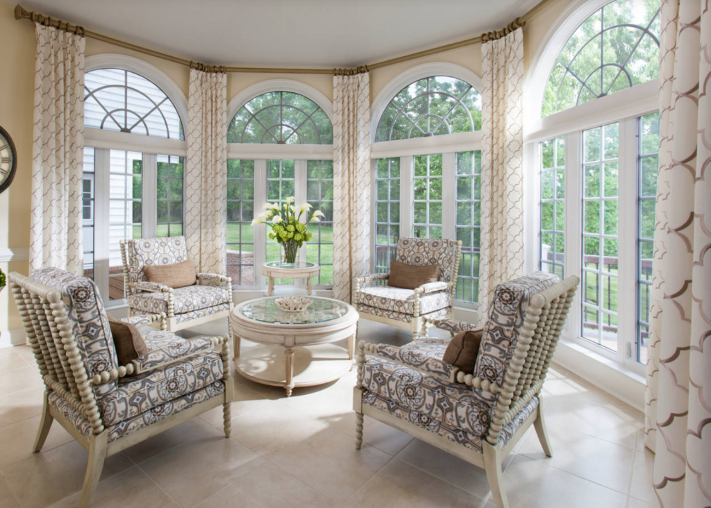 Arched Windows with Curtains in Sunroom