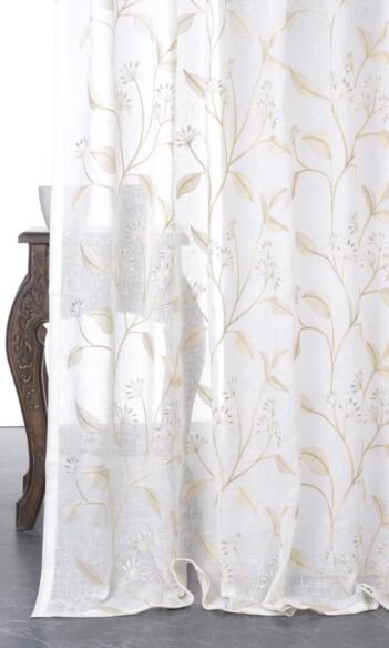 White & Beige Sheer Floral Curtains