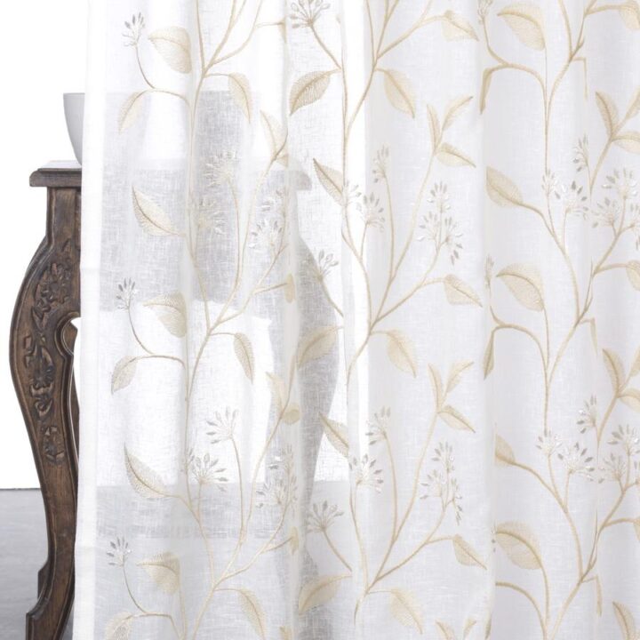 &#8216;Arabian Sand&#8217; Sheer Floral Embroidered Curtains (White/ Beige)