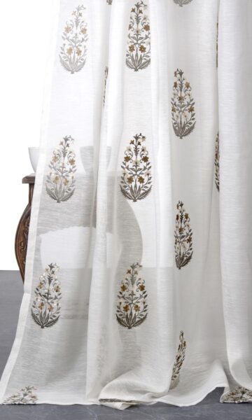 White & Brown Sheer Floral Curtains