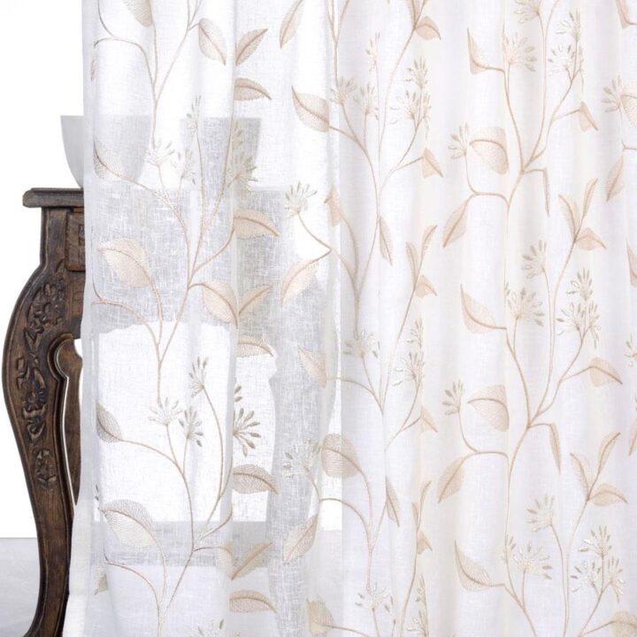 &#8216;Iris Tip&#8217; Sheer Floral Embroidered Curtains (White/ Beige)