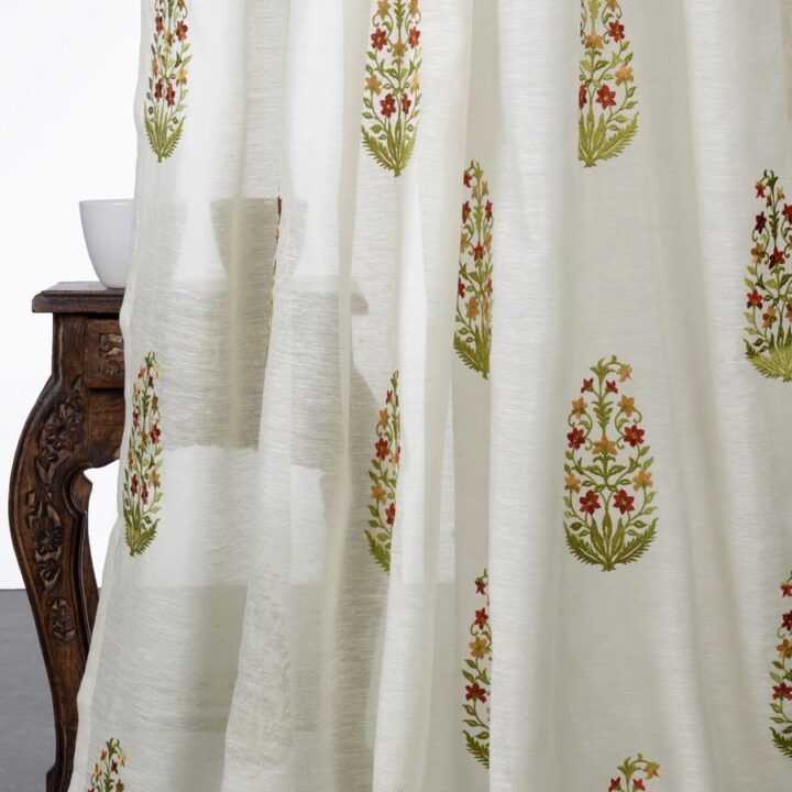 &#8216;Zephania&#8217; Sheer Floral Paisley Curtains (Cream/ Green/ Red/ Orange)
