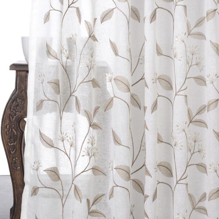 &#8216;Moccasin&#8217; Sheer Floral Embroidered Curtains (White/ Brown)