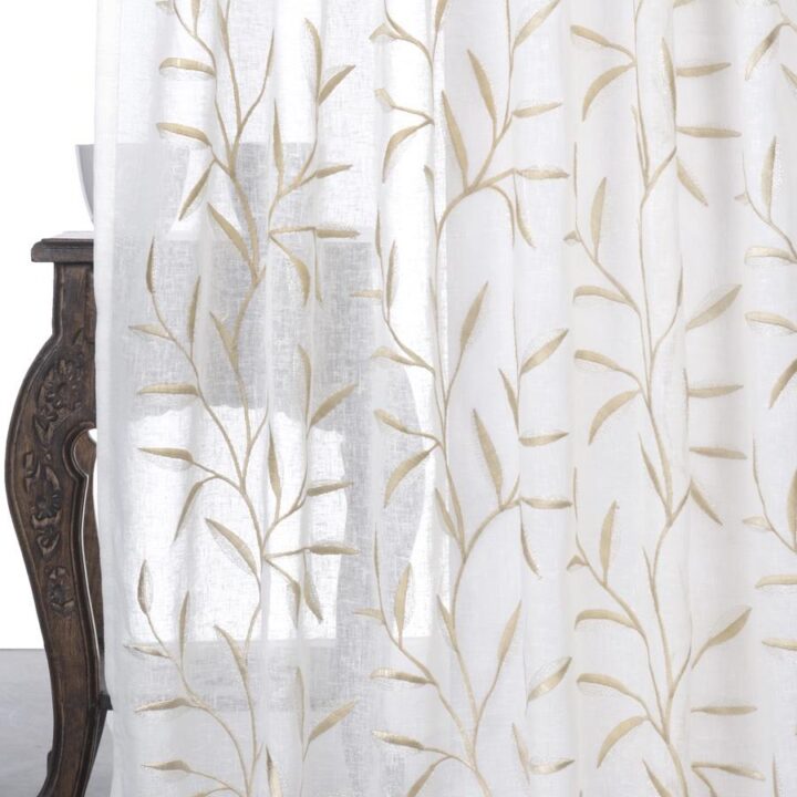 &#8216;Sugared Nut&#8217; Sheer Floral Embroidered Curtains (White/ Beige)