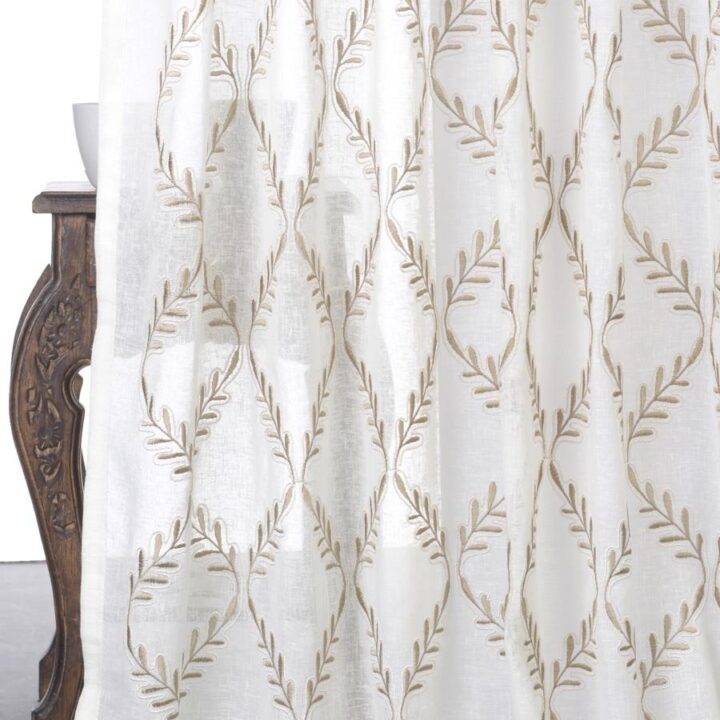 &#8216;Maple Syrup&#8217; Sheer Floral Embroidered Curtains (White/ Brown)