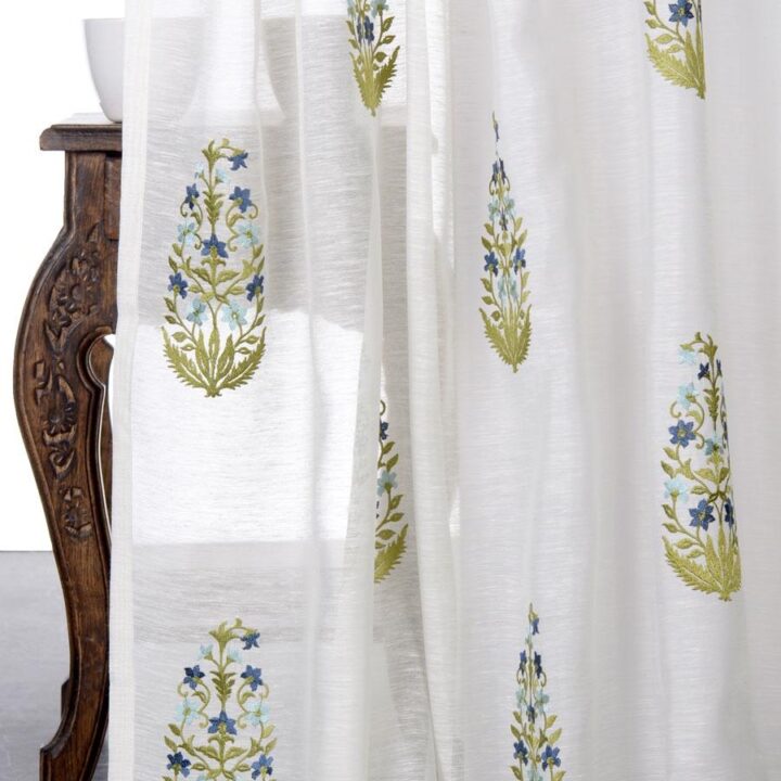 &#8216;Ajrakh&#8217; Sheer Floral Paisley Drapes (White/ Green/ Blue)