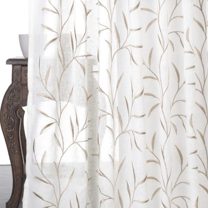 &#8216;Utopia&#8217; Sheer Floral Embroidered Curtains (White/ Brown)