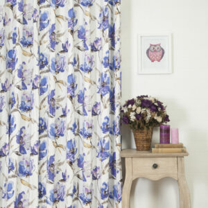 'London in Violet' Floral Cotton Bespoke Curtains (Purple/ Blue)