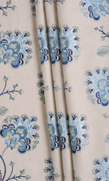 'Strutt' Floral Embroidered Cotton Custom Drapes (Beige/ Blue) - Image 4