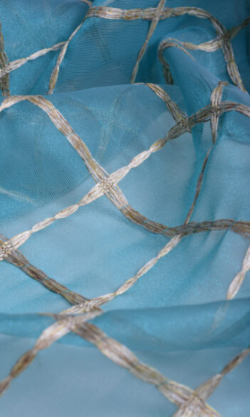 'Baloki' Embroidered Check Sheer Custom Drapes (Blue and Gold)