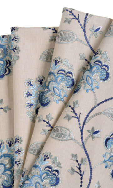 'Strutt' Floral Embroidered Cotton Custom Drapes (Beige/ Blue) - Image 3