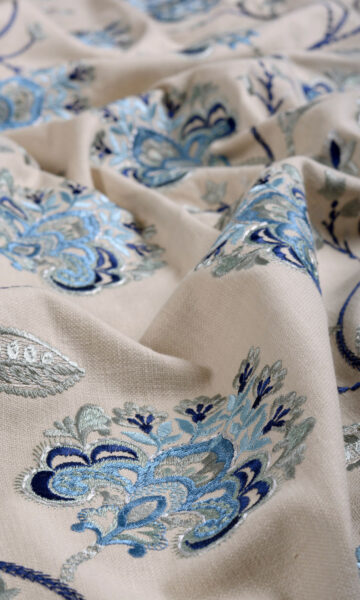 'Strutt' Floral Embroidered Cotton Custom Drapes (Beige/ Blue) - Image 6