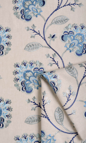 'Strutt' Floral Embroidered Cotton Custom Drapes (Beige/ Blue) - Image 5