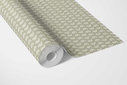 'Striations' Small Paisley Floral Patterned Print Wallpaper (Olive Green/ White) - Image 2