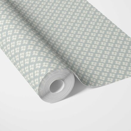 'Folkloric' Small Geometric Ikat-Style Floral Block Print Wallpaper (Duck Egg Blue/ White)