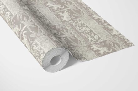'Squid' Ethnic/ Heritage Elephants & Animals Print Wallpaper (Warm Gray/ Greige/ White) - Image 3