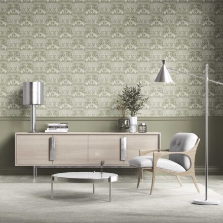 'Hornet' Ethnic/ Heritage Elephants & Animals Print Wallpaper (Olive Green/ White) - Image 2