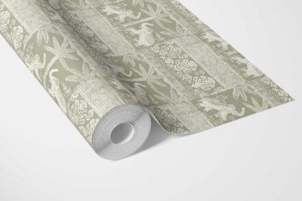 'Hornet' Ethnic/ Heritage Elephants & Animals Print Wallpaper (Olive Green/ White) - Image 3