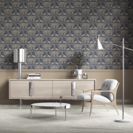 'Kalapi' Ethnic/ Heritage Elephants & Animals Print Wallpaper (Smoky Blue/ Beige) - Image 2