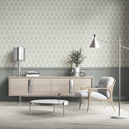 'Sky Promise' Vintage-Inspired Floral Block Print Wallpaper (Cream/ Sage Green) - Image 2