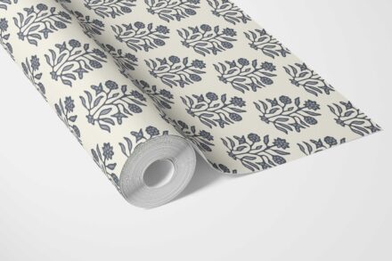 'Navajo Nation' Vintage-Inspired Floral Block Print Wallpaper (Navy Blue/ Cream) - Image 3