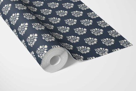 'Skyhold' Vintage-Inspired Botanical Floral Block Print Wallpaper (Navy Blue/ White) - Image 3