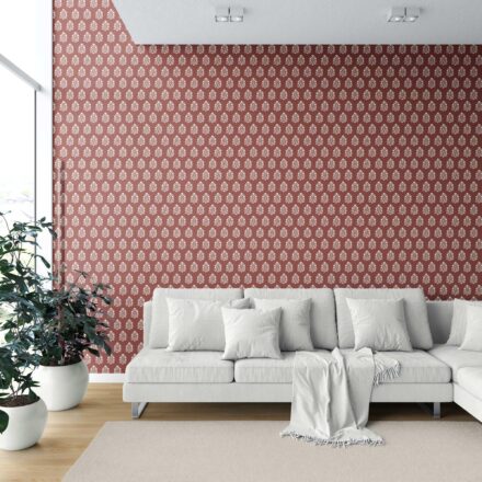 'Oura' Vintage-Inspired Botanical Floral Block Print Wallpaper (Brick Red/ White) - Image 6