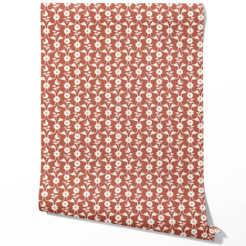'Afropavo' Modern Floral Botanical Wallpaper (Terracotta Red/ White)
