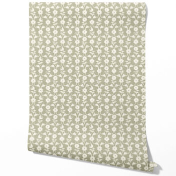 'Bergamot' Modern Floral Botanical Wallpaper (Khaki Green/ White)