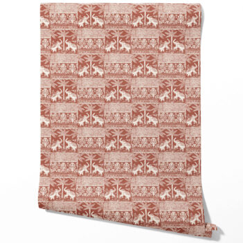 'Maramiya' Ethnic/ Heritage Elephants & Animals Print Wallpaper (Terracotta Red/ White)