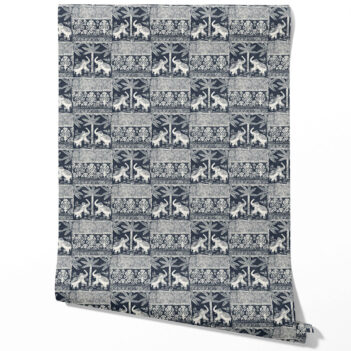 'Mallard Leaf' Ethnic/ Heritage Elephants & Animals Print Wallpaper (Navy Blue/ White)