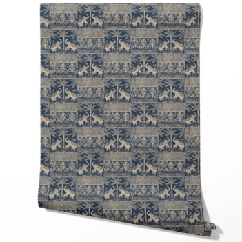 'Kalapi' Ethnic/ Heritage Elephants & Animals Print Wallpaper (Smoky Blue/ Beige)