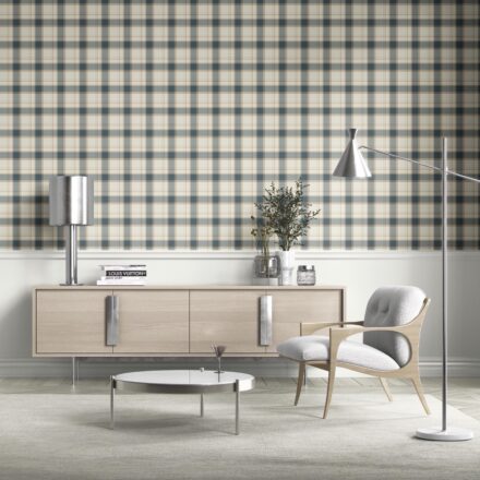 'Fig Bay' Neutral Geometric Plaid Checkered Wallpaper (Teal Blue/ Off-White/ Beige) - Image 2