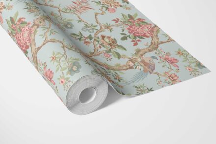 'Botanica' Floral/ Bird Print Chinoiserie Wallpaper (Blue/ Coral Pink/ Green) - Image 3