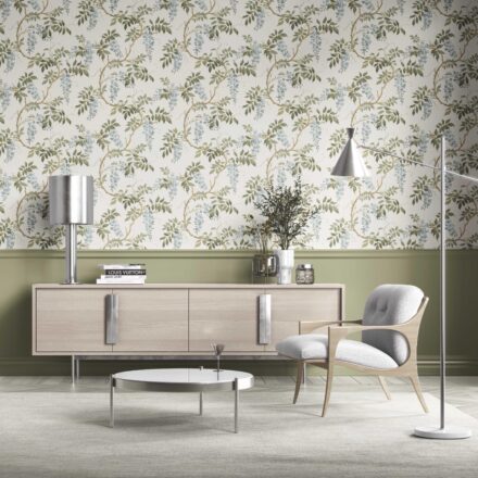 'Misty Bloom' Floral Vine/ Botanical Patterned Wallpaper (Cream/ Duck Egg Blue/ Green) - Image 2