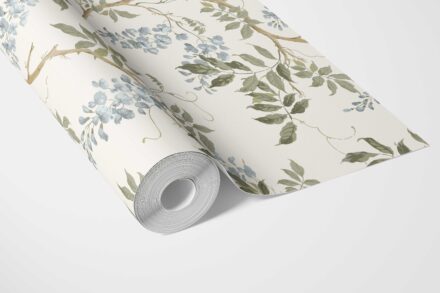 'Misty Bloom' Floral Vine/ Botanical Patterned Wallpaper (Cream/ Duck Egg Blue/ Green) - Image 3