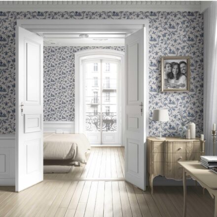 'Meadowlark' Floral Toile de Jouy Wallpaper (Navy Blue/ Off-White) - Image 4