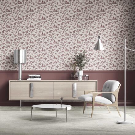 'Tamara' Floral Toile de Jouy Wallpaper (Brick Red/ Deep Pink) - Image 2