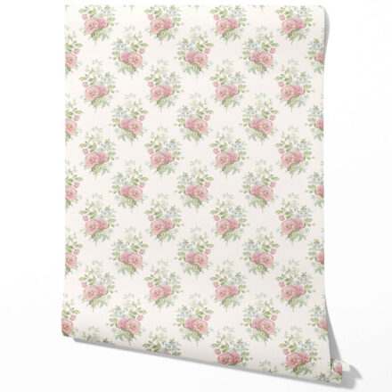 'Sarno' Floral Block Print Wallpaper (Cream/ Soft Pink/ Green/ Duck Egg Blue)