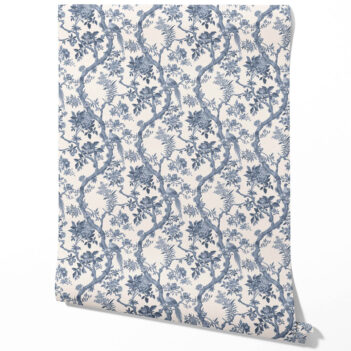 'Interlude' Floral Toile/ Bird Print Chinoiserie Wallpaper (Navy Blue/ Off-White)