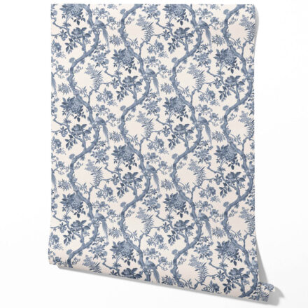 'Interlude' Floral Toile/ Bird Print Chinoiserie Wallpaper (Navy Blue/ Off-White)